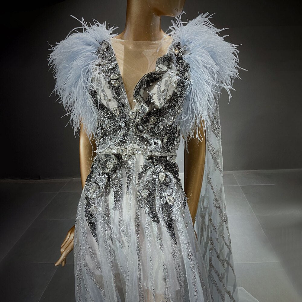 Silver Cape Sleeves Evening Dresses Gowns 2025 Beaded Feather A-Line Luxury For Women Party LA71546