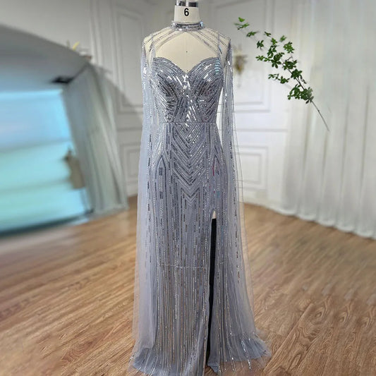 Silber Cape Ärmel Meerjungfrau High Split Perlen Abendkleider Lange Promi Kleider Für Frau Party 2025 LA72137 