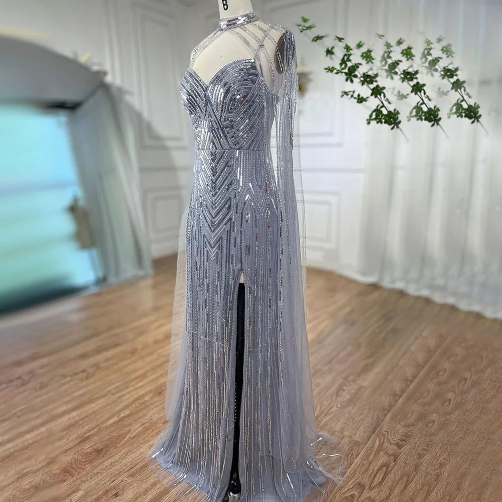 Silber Cape Ärmel Meerjungfrau High Split Perlen Abendkleider Lange Promi Kleider Für Frau Party 2025 LA72137 