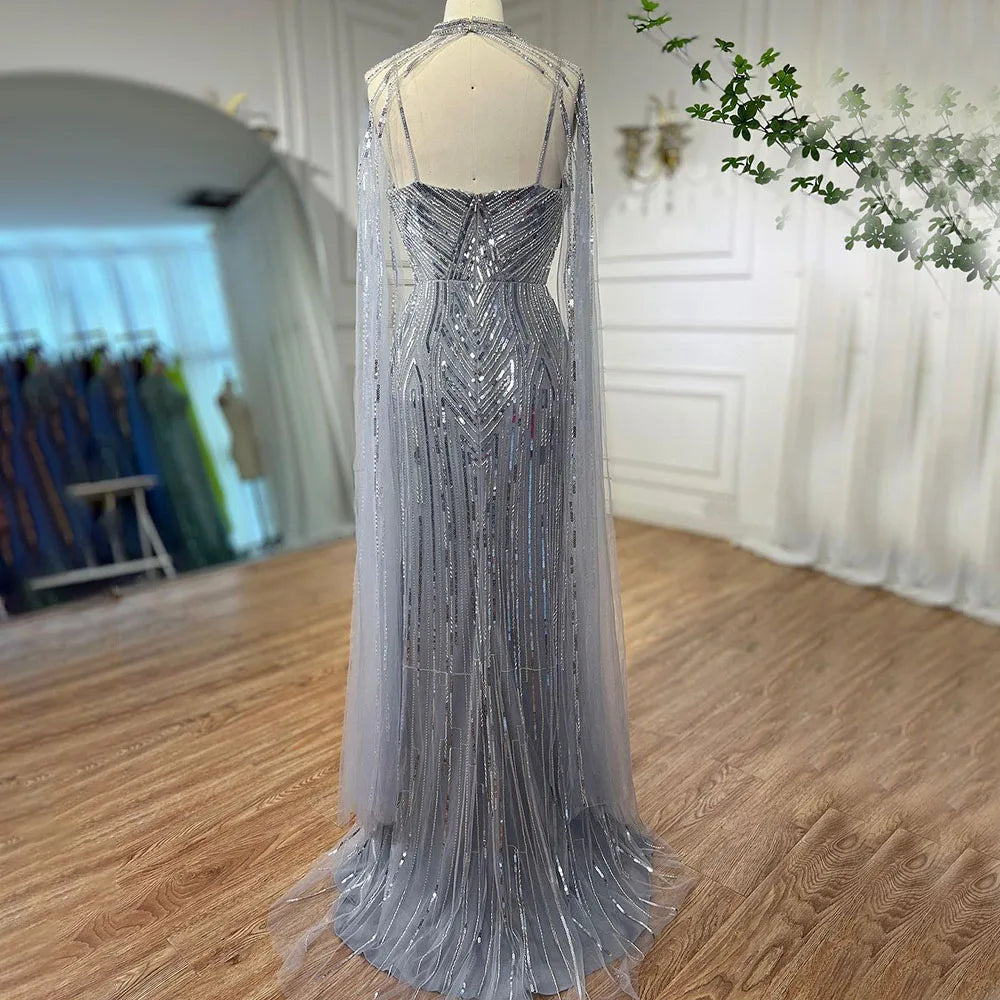 Silber Cape Ärmel Meerjungfrau High Split Perlen Abendkleider Lange Promi Kleider Für Frau Party 2025 LA72137 