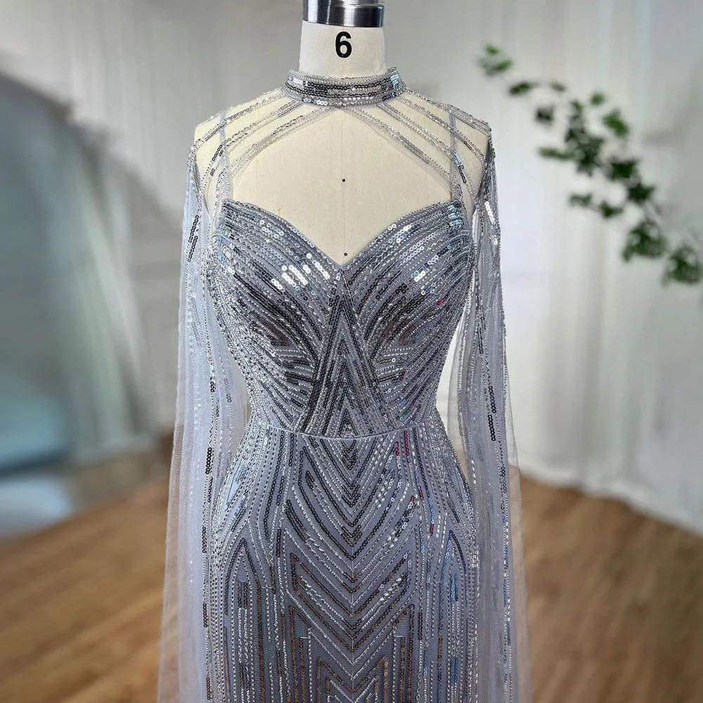 Silber Cape Ärmel Meerjungfrau High Split Perlen Abendkleider Lange Promi Kleider Für Frau Party 2025 LA72137 