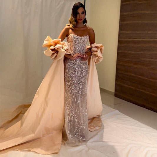 Silber Kristall Sexy Trägerlose Meerjungfrau Sparkly Kurze Puffärmel Abendkleider Kleider Für Frauen Party 2025 LA71808 