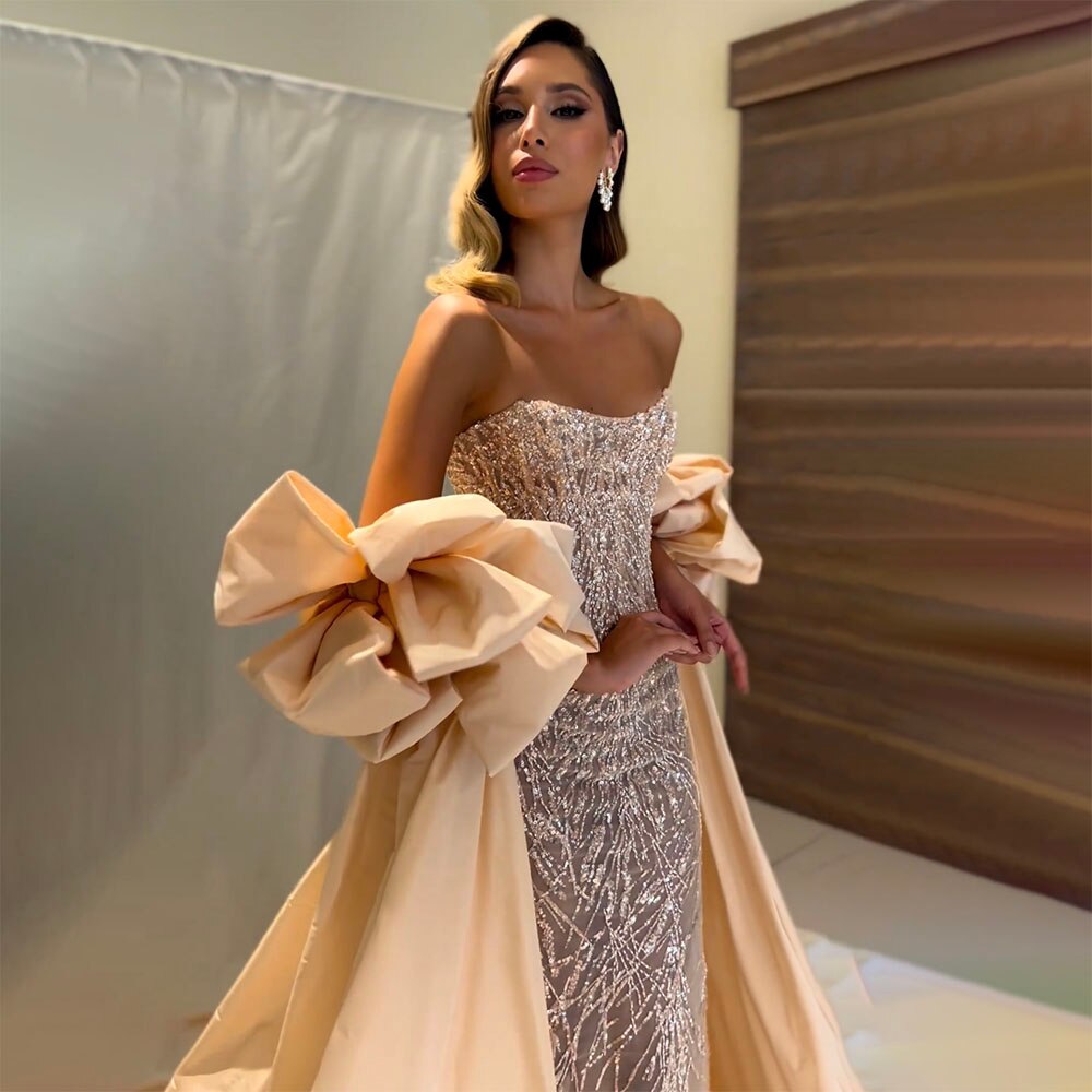 Vestido de noche sexy de sirena sin tirantes, con cristales plateados y mangas abullonadas cortas y brillantes para mujer, ideal para fiestas 2025 LA71808 