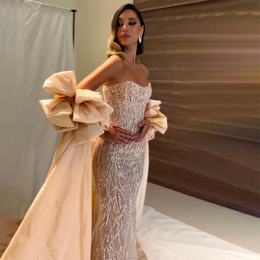 Vestido de noche sexy de sirena sin tirantes, con cristales plateados y mangas abullonadas cortas y brillantes para mujer, ideal para fiestas 2025 LA71808 