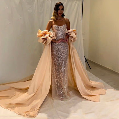 Silber Kristall Sexy Trägerlose Meerjungfrau Sparkly Kurze Puffärmel Abendkleider Kleider Für Frauen Party 2025 LA71808 