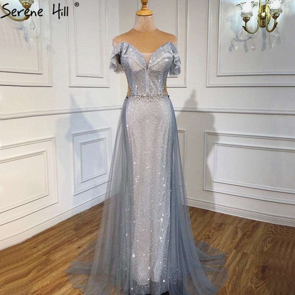 Silber Abnehmbare Schleppe Abendkleider Kleider 2025 Luxus Sparkle Meerjungfrau Für Wowmen Party LA70813 