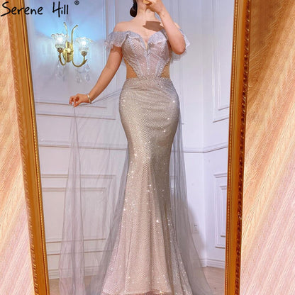 Silber Abnehmbare Schleppe Abendkleider Kleider 2025 Luxus Sparkle Meerjungfrau Für Wowmen Party LA70813 