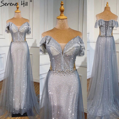 Silber Abnehmbare Schleppe Abendkleider Kleider 2025 Luxus Sparkle Meerjungfrau Für Wowmen Party LA70813 