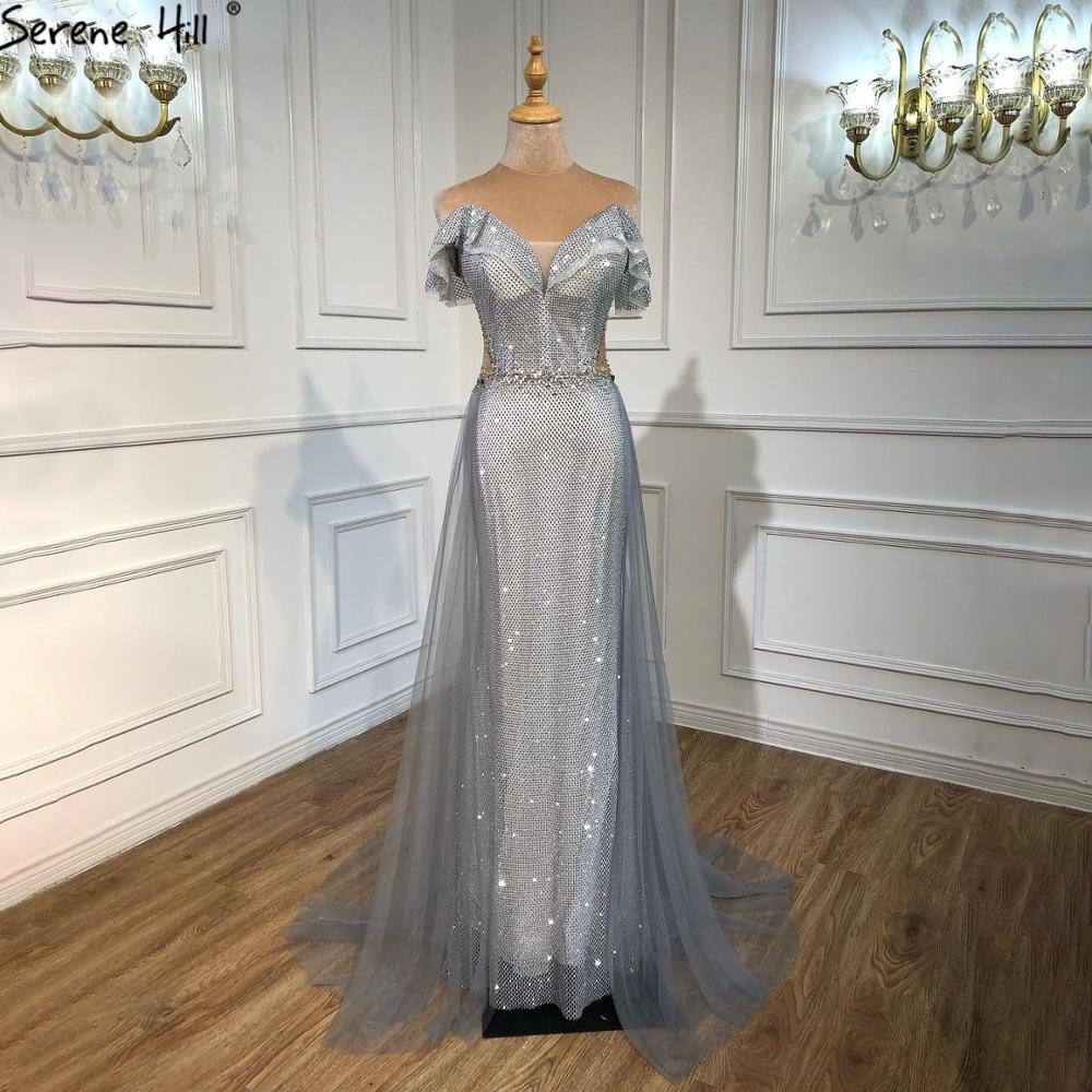 Silber Abnehmbare Schleppe Abendkleider Kleider 2025 Luxus Sparkle Meerjungfrau Für Wowmen Party LA70813 