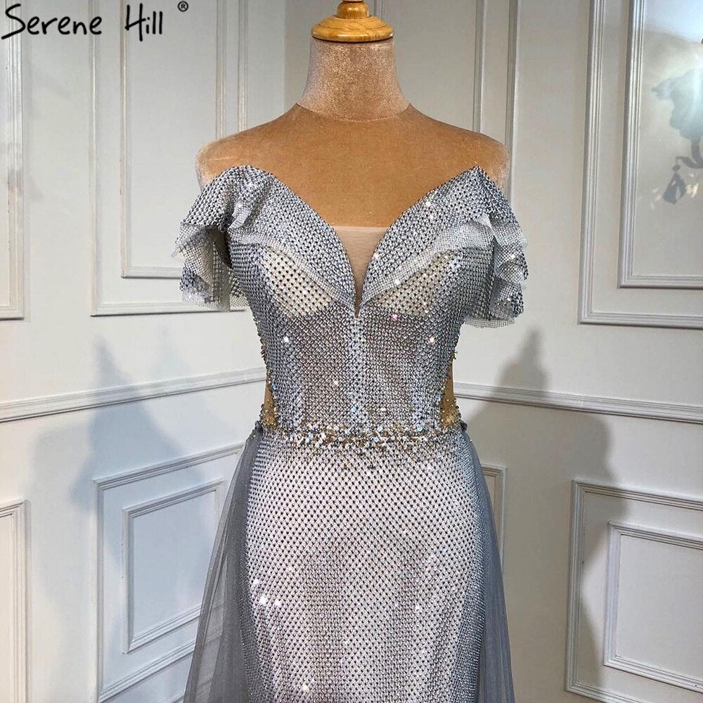Silber Abnehmbare Schleppe Abendkleider Kleider 2025 Luxus Sparkle Meerjungfrau Für Wowmen Party LA70813 