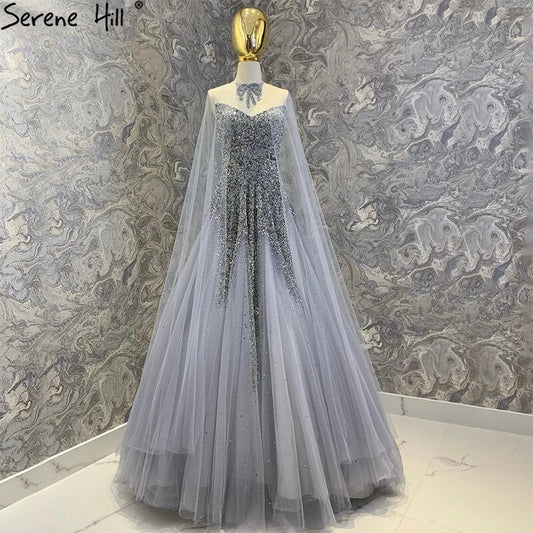 Silber Luxus A-Linie Abendkleider Kleider 2025 Mit Cape Perlen Sexy Für Frau Party LA70644 