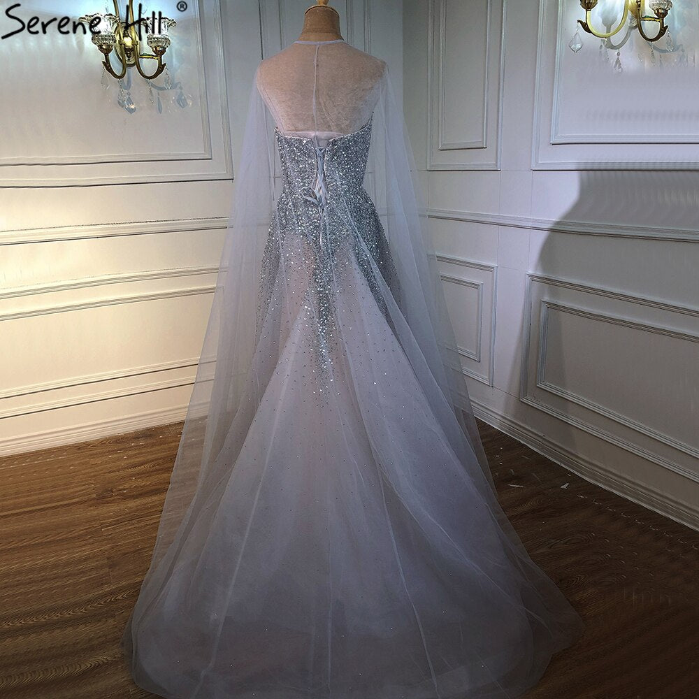 Silber Luxus A-Linie Abendkleider Kleider 2025 Mit Cape Perlen Sexy Für Frau Party LA70644 