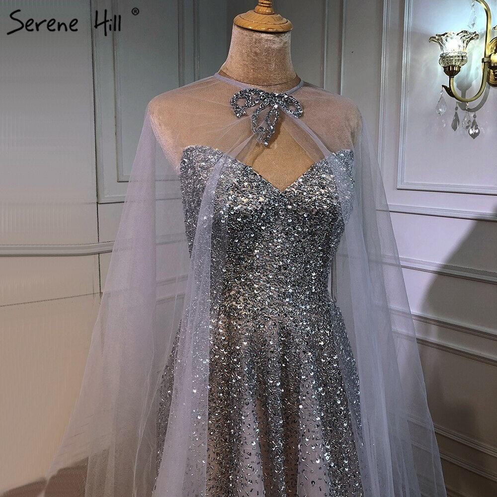 Silber Luxus A-Linie Abendkleider Kleider 2025 Mit Cape Perlen Sexy Für Frau Party LA70644 