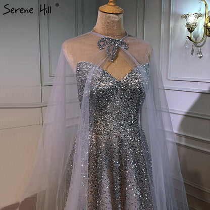 Silber Luxus A-Linie Abendkleider Kleider 2025 Mit Cape Perlen Sexy Für Frau Party LA70644 