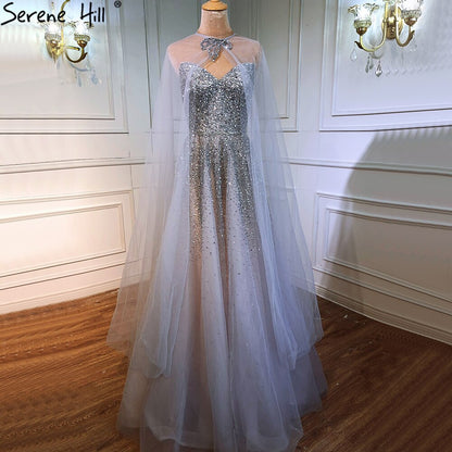 Silber Luxus A-Linie Abendkleider Kleider 2025 Mit Cape Perlen Sexy Für Frau Party LA70644 