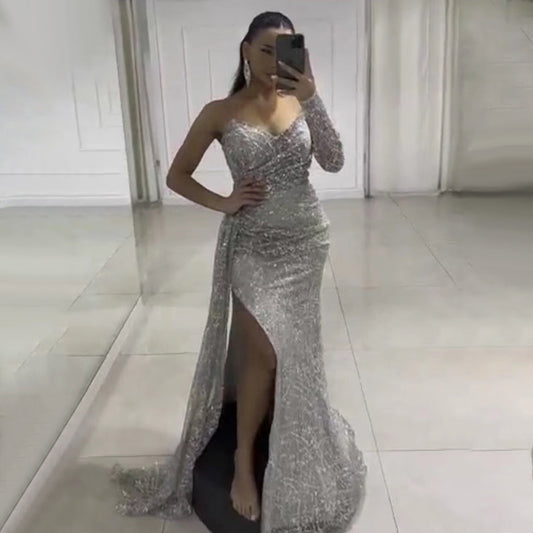 Silber Luxus Eine Schulter Abendkleider Kleider 2025 Perlen Elegante Meerjungfrau Für Frauen Party LA71662 