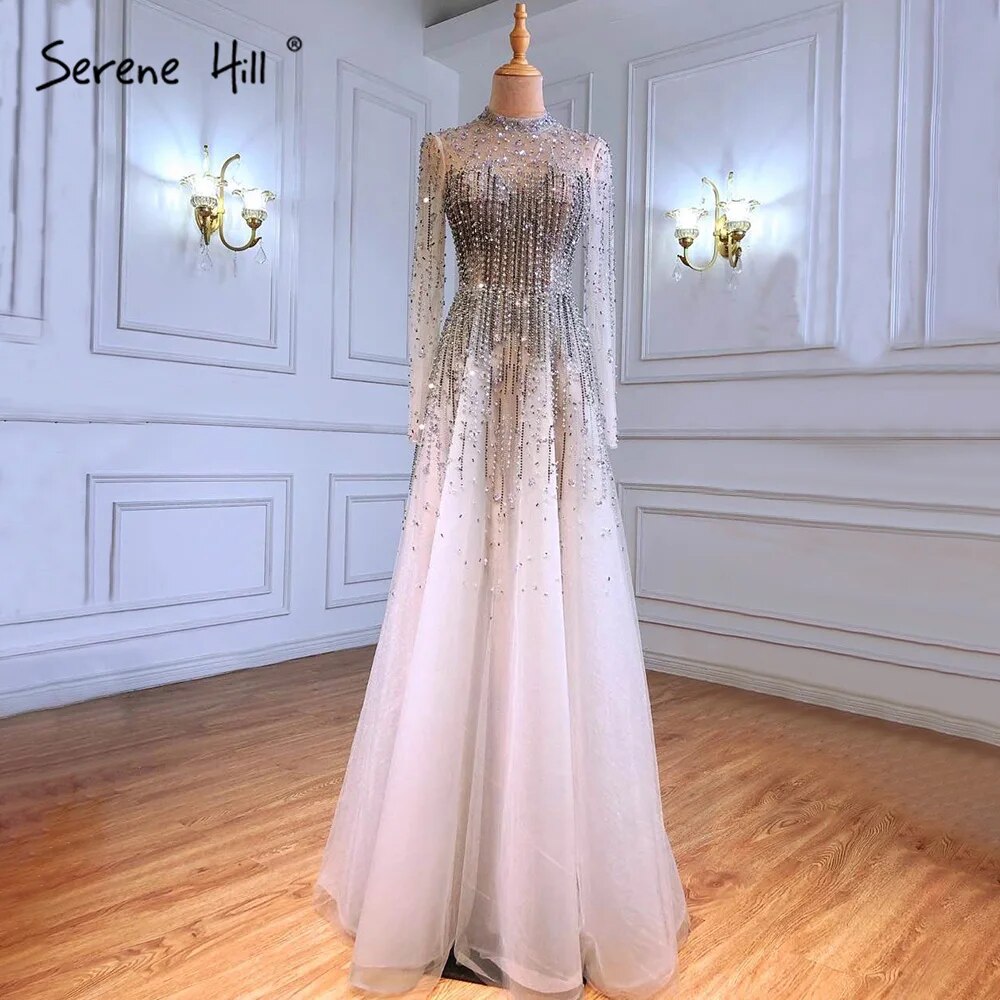 Vestidos de noche sexys de lujo plateados, corte A, con cuentas y cristales, con cordones, para mujer, fiesta, LA71227 