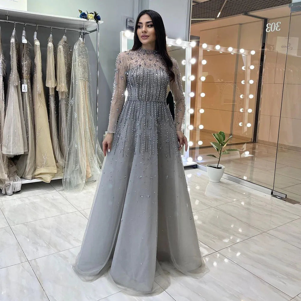 Vestidos de noche sexys de lujo plateados, corte A, con cuentas y cristales, con cordones, para mujer, fiesta, LA71227 