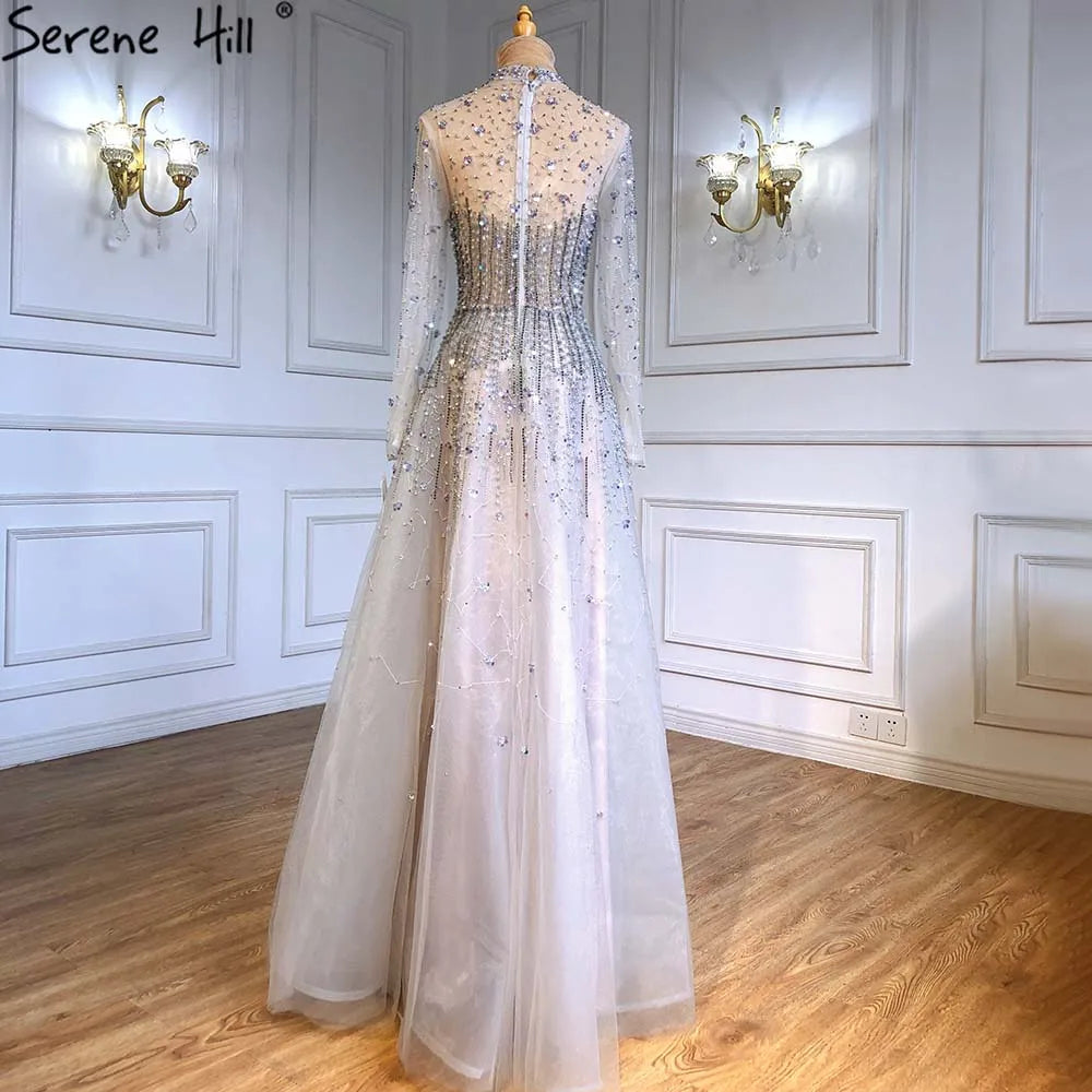 Vestidos de noche sexys de lujo plateados, corte A, con cuentas y cristales, con cordones, para mujer, fiesta, LA71227 