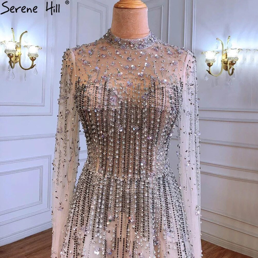 Vestidos de noche sexys de lujo plateados, corte A, con cuentas y cristales, con cordones, para mujer, fiesta, LA71227 