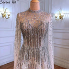 Vestidos de noche sexys de lujo plateados, corte A, con cuentas y cristales, con cordones, para mujer, fiesta, LA71227 