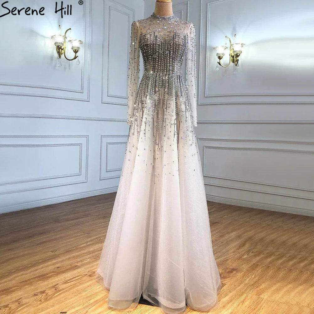Vestidos de noche sexys de lujo plateados, corte A, con cuentas y cristales, con cordones, para mujer, fiesta, LA71227 