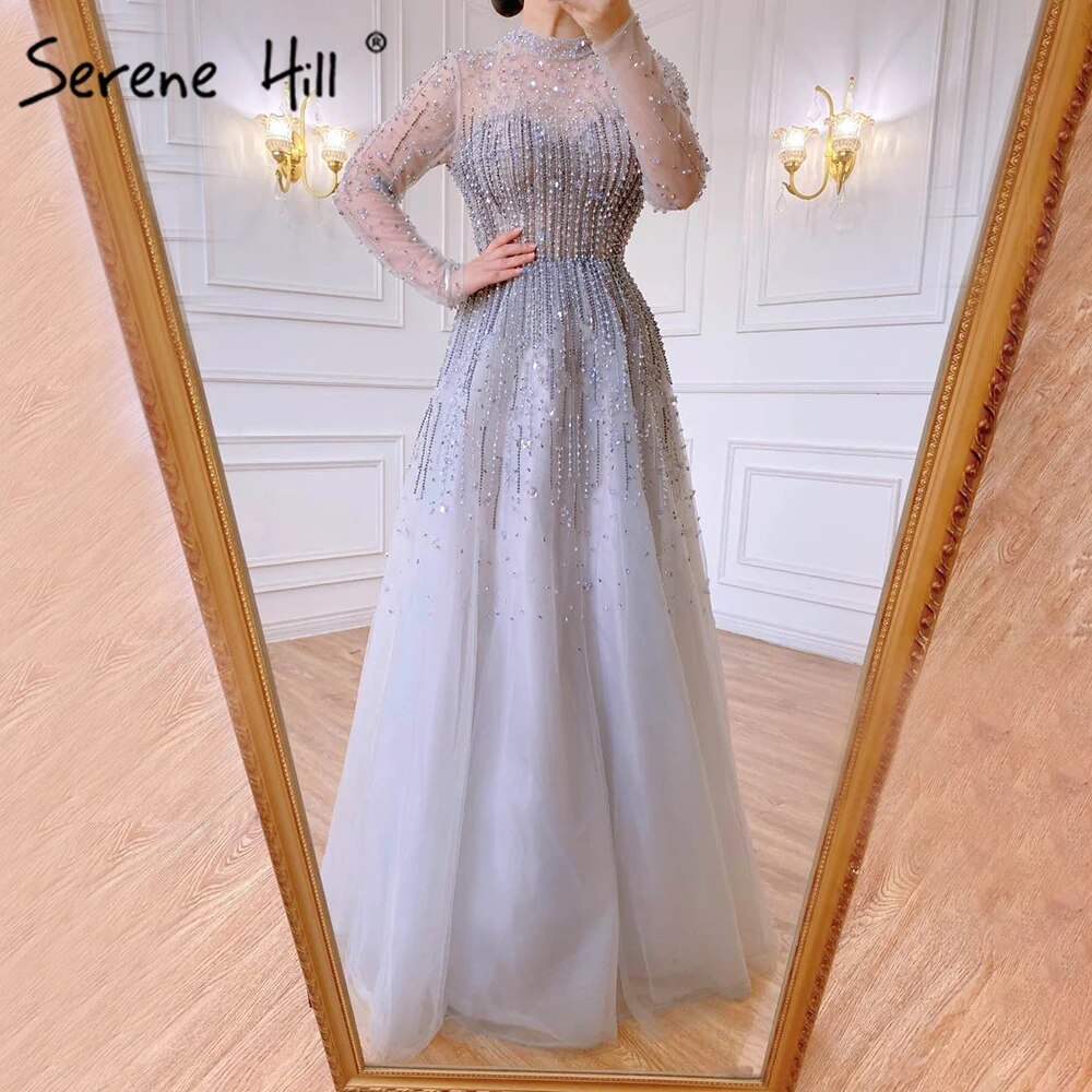 Vestidos de noche sexys de lujo plateados, corte A, con cuentas y cristales, con cordones, para mujer, fiesta, LA71227 