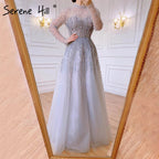 Vestidos de noche sexys de lujo plateados, corte A, con cuentas y cristales, con cordones, para mujer, fiesta, LA71227 