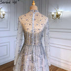 Vestidos de noche sexys de lujo plateados, corte A, con cuentas y cristales, con cordones, para mujer, fiesta, LA71227 