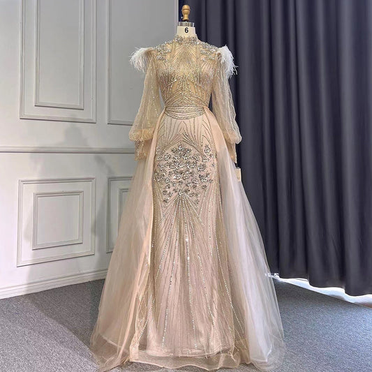 Silver Mermaid Elegant Avond Jurken 2025 Volledige Mouwen Luxe Veren Kralen Für Frauen Party LA71036A 