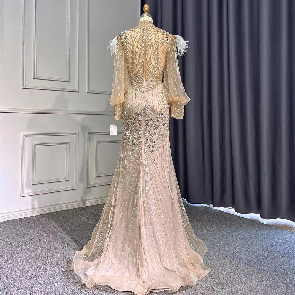 Silver Mermaid Elegant Avond Jurken 2025 Volledige Mouwen Luxe Veren Kralen Für Frauen Party LA71036A 
