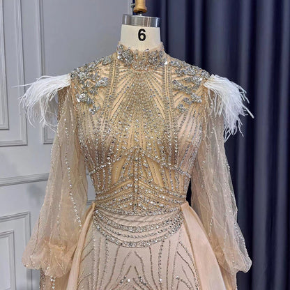 Silver Mermaid Elegant Avond Jurken 2025 Volledige Mouwen Luxe Veren Kralen Für Frauen Party LA71036A 