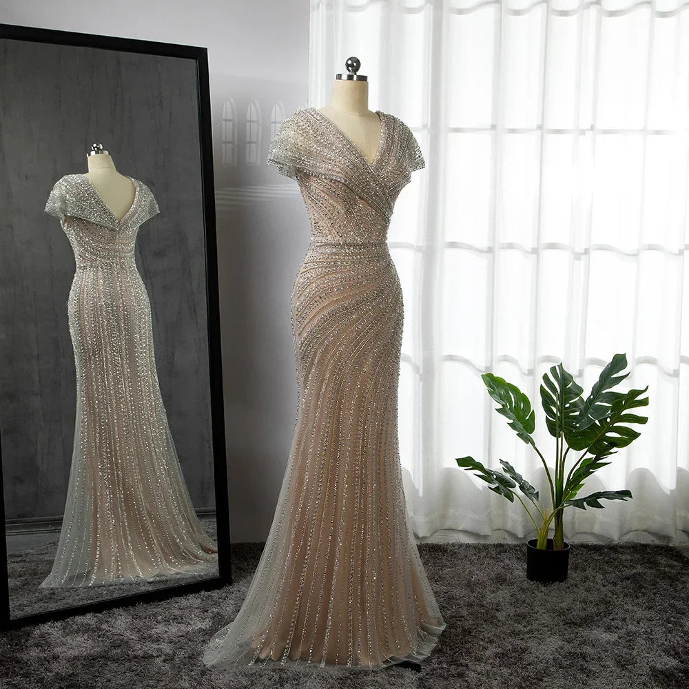 Luxuriöses silbernes, hautfarbenes Meerjungfrau-Abendkleid für Partys LA71686