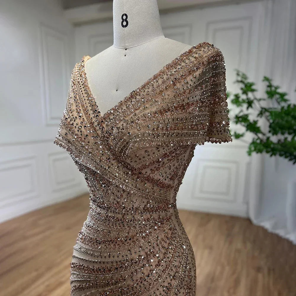 Lujosos vestidos de noche de sirena color plata nude para fiesta LA71686