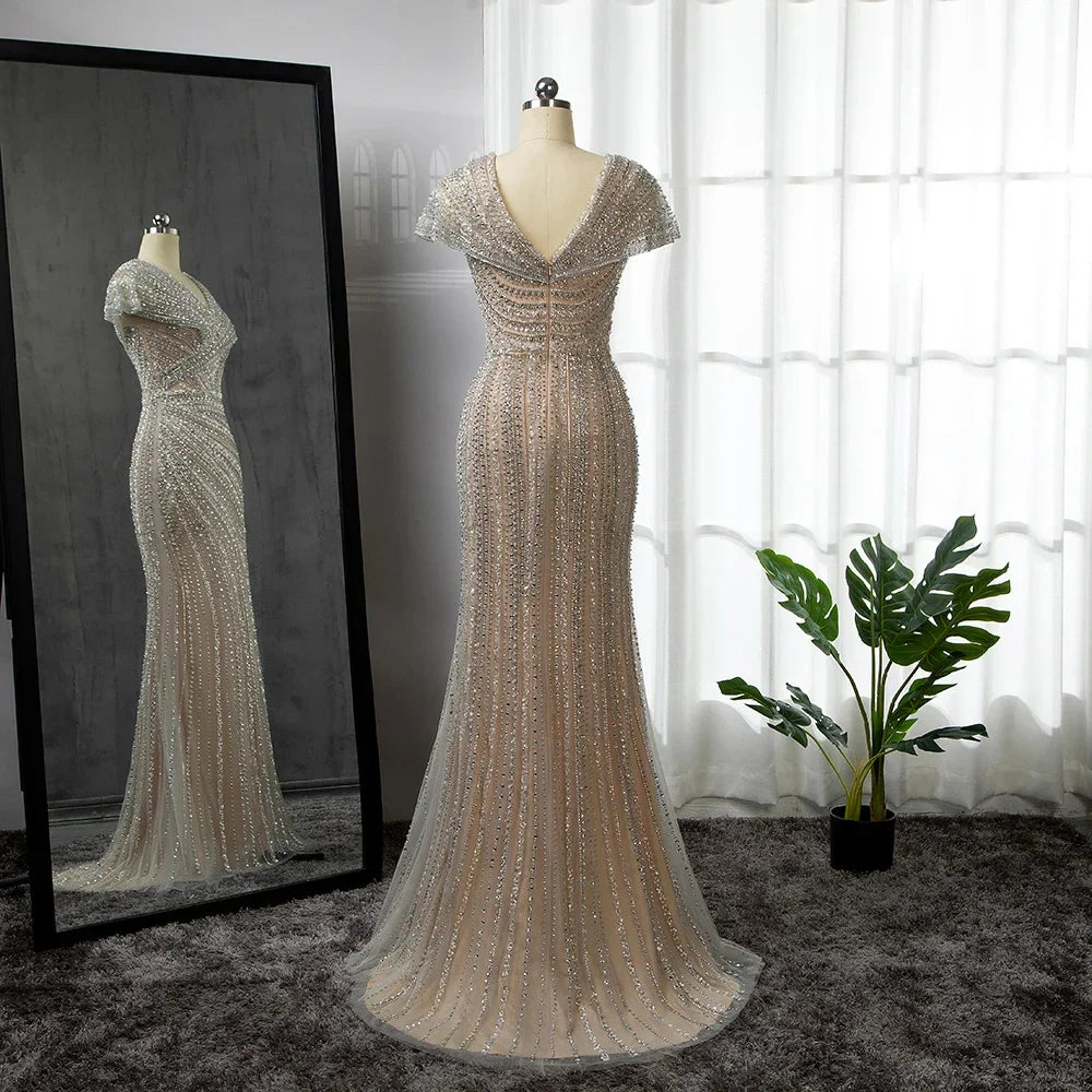 Luxuriöses silbernes, hautfarbenes Meerjungfrau-Abendkleid für Partys LA71686