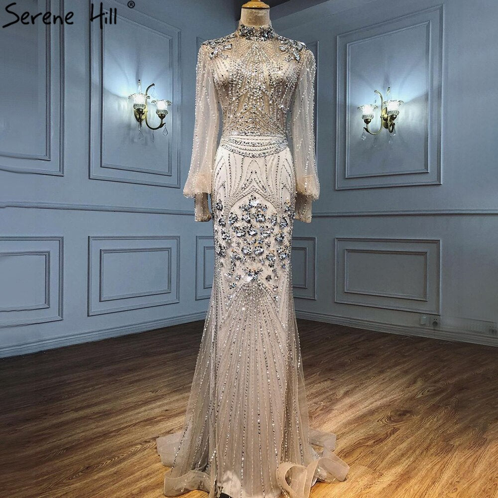 Vestido de noche de lujo con cuentas, corte sirena plateado, mangas largas LA71036 (En oferta, sin devolución ni reembolso)