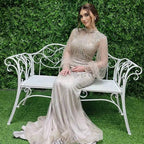 Vestido de noche de lujo con cuentas, corte sirena plateado, mangas largas LA71036 (En oferta, sin devolución ni reembolso)