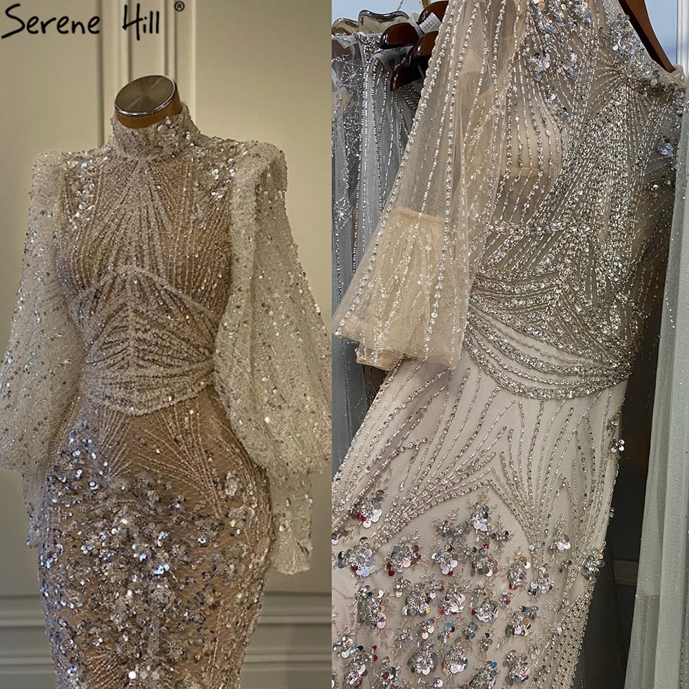 Vestido de noche de lujo con cuentas, corte sirena plateado, mangas largas LA71036 (En oferta, sin devolución ni reembolso)