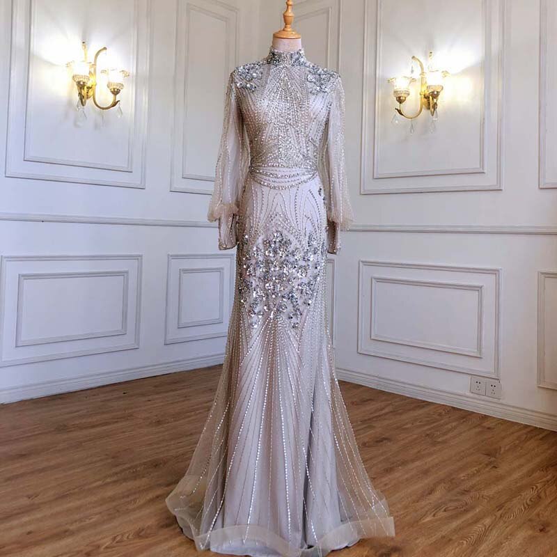 Vestido de noche de lujo con cuentas, corte sirena plateado, mangas largas LA71036 (En oferta, sin devolución ni reembolso)