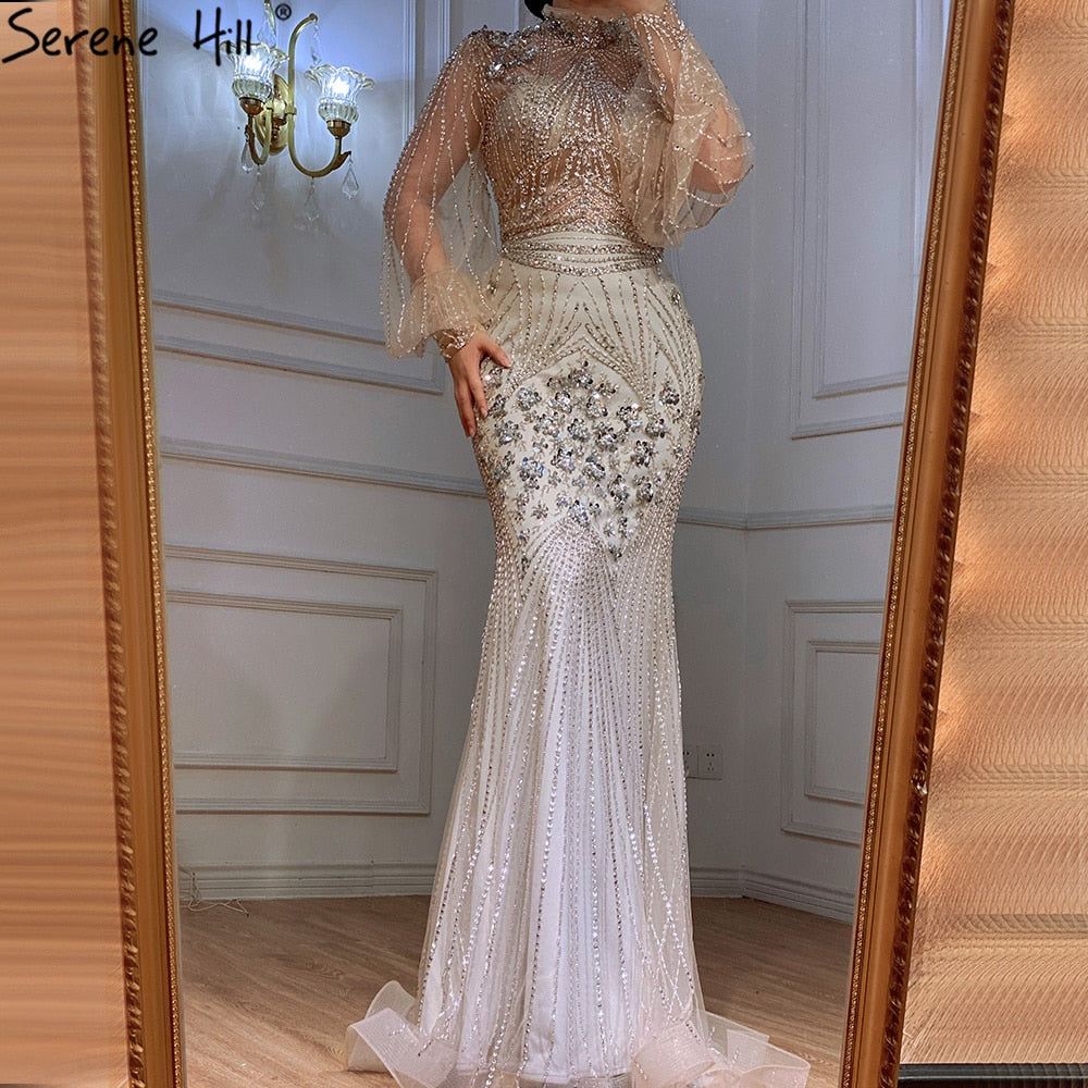Vestido de noche de lujo con cuentas, corte sirena plateado, mangas largas LA71036 (En oferta, sin devolución ni reembolso)
