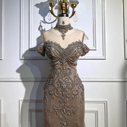 Silber Meerjungfrau Luxus Abendkleider Kleider Perlen Perlen Elegante Für Frau Hochzeit Party LA71870 