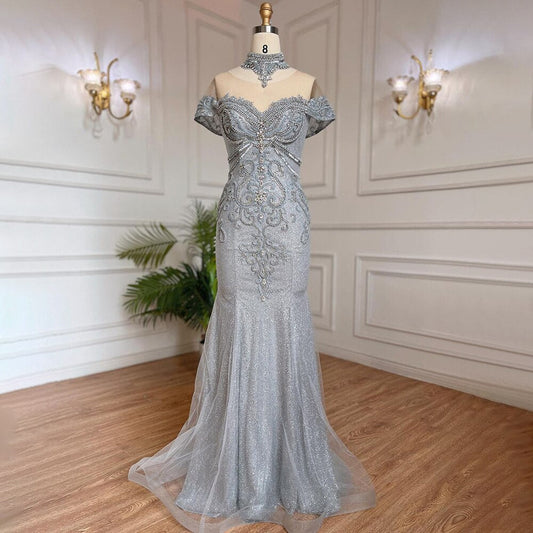 Silber Meerjungfrau Luxus Abendkleider Kleider Perlen Perlen Elegante Für Frau Hochzeit Party LA71870 