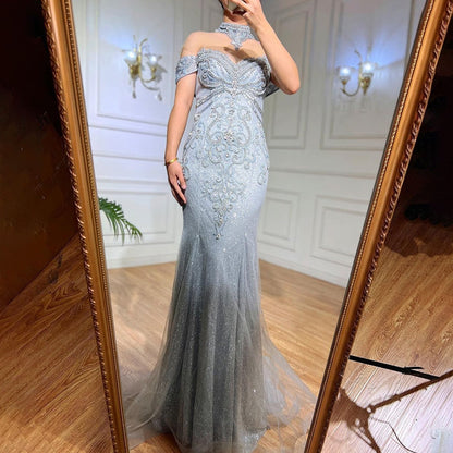 Silber Meerjungfrau Luxus Abendkleider Kleider Perlen Perlen Elegante Für Frau Hochzeit Party LA71870 