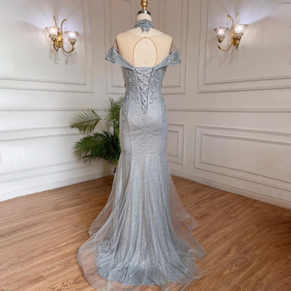Silber Meerjungfrau Luxus Abendkleider Kleider Perlen Perlen Elegante Für Frau Hochzeit Party LA71870 