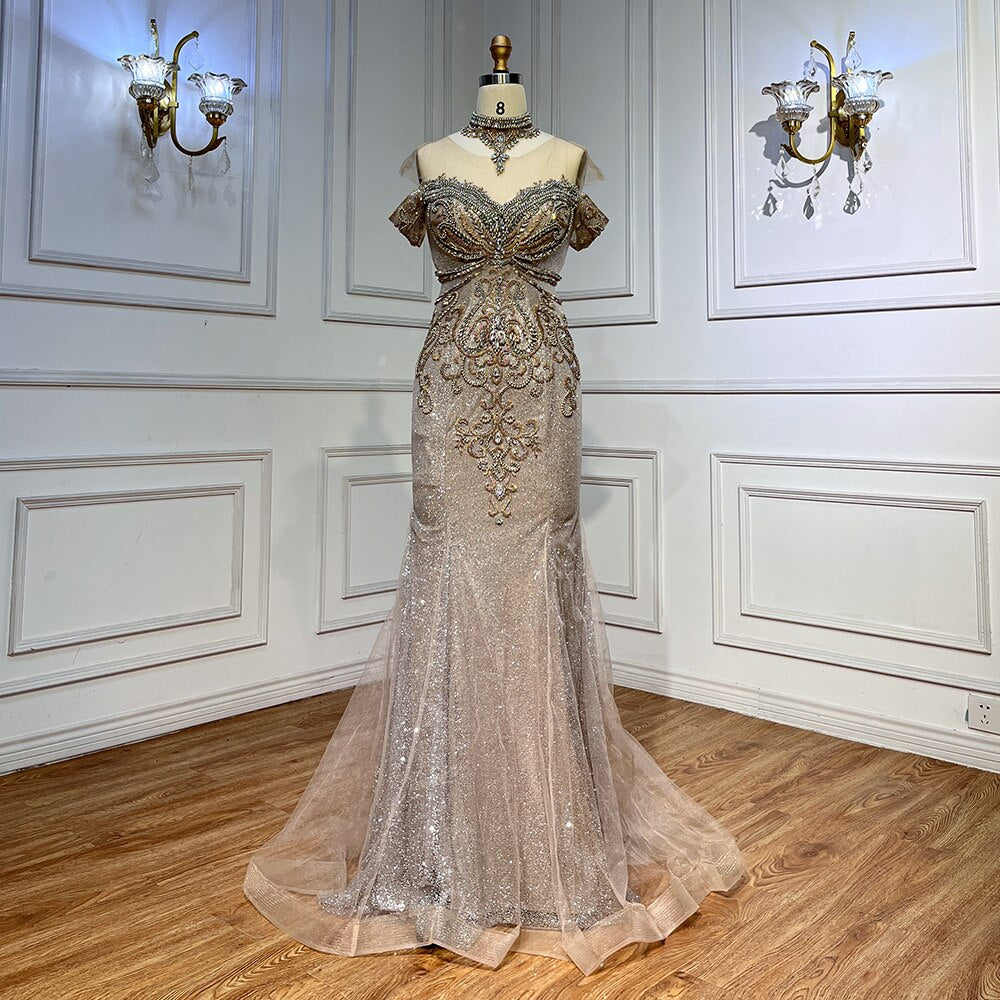 Silber Meerjungfrau Luxus Abendkleider Kleider Perlen Perlen Elegante Für Frau Hochzeit Party LA71870 