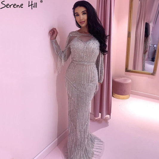 Silber Muslimischen Luxus Abendkleider Kleider 2025 Meerjungfrau Perlen Quaste Elegante Für Frau Party LA71166 