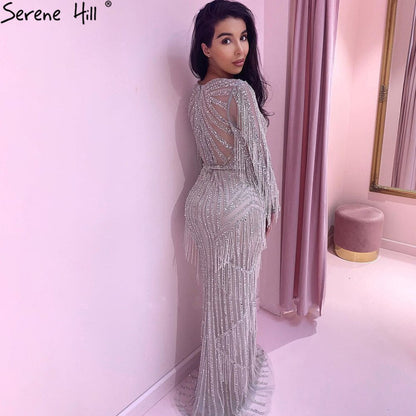 Silber Muslimischen Luxus Abendkleider Kleider 2025 Meerjungfrau Perlen Quaste Elegante Für Frau Party LA71166 