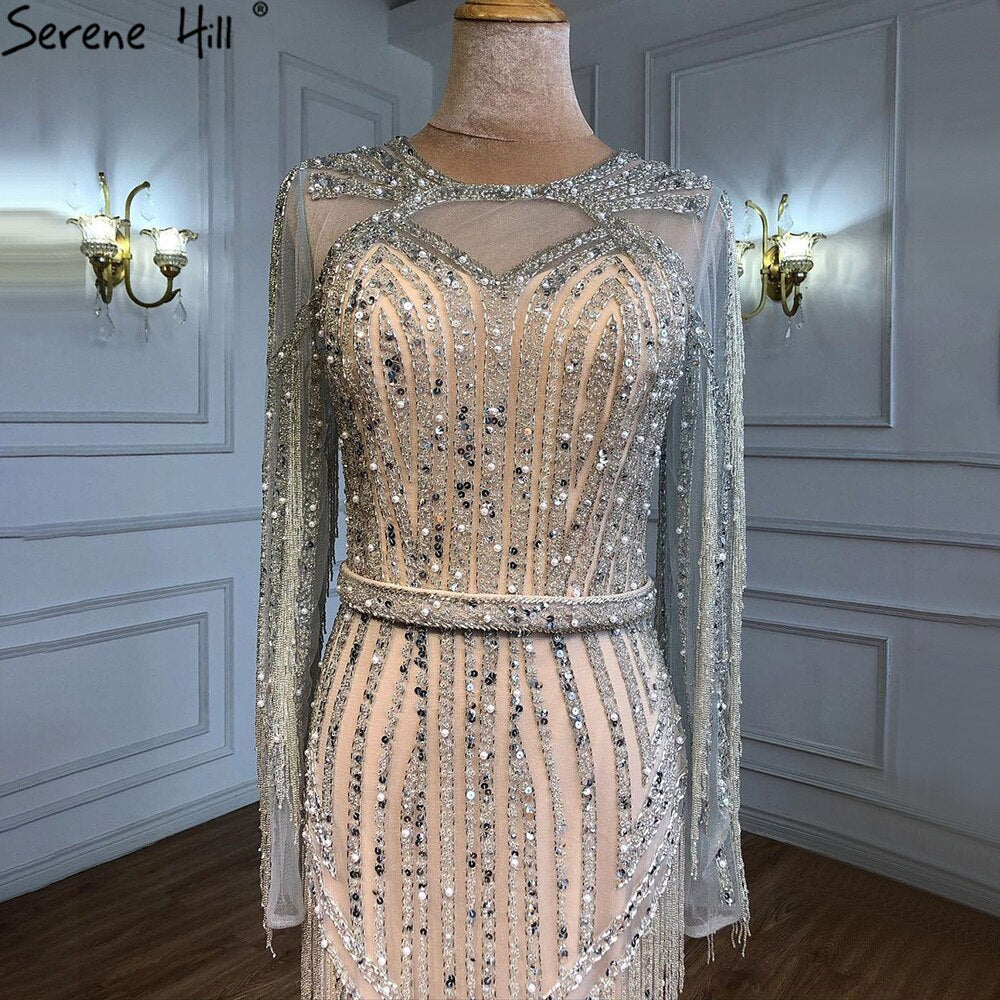 Silber Muslimischen Luxus Abendkleider Kleider 2025 Meerjungfrau Perlen Quaste Elegante Für Frau Party LA71166 