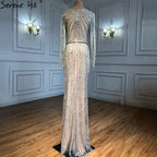 Vestidos de noche musulmanes de lujo plateados, estilo sirena, con borlas y abalorios, elegantes para mujer, para fiesta, LA71166 