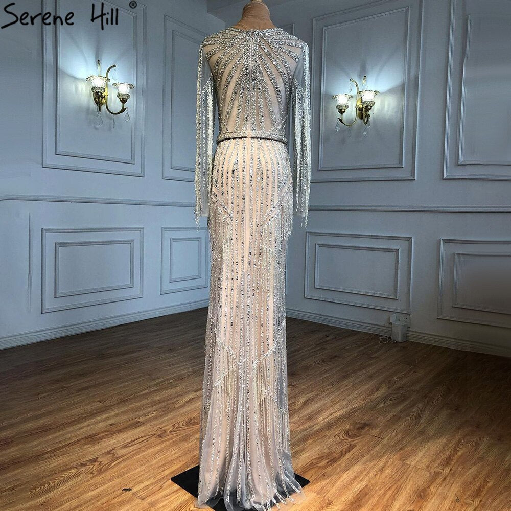 Vestidos de noche musulmanes de lujo plateados, estilo sirena, con borlas y abalorios, elegantes para mujer, para fiesta, LA71166 